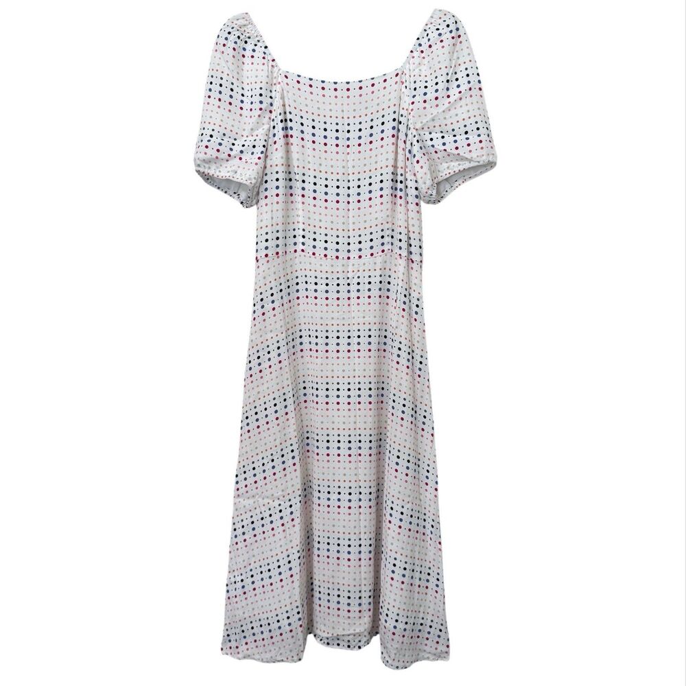 Loft Midi Dress Size 6 Rainbow Polka Dot Square Neck Puff Sleeve‎ A-line